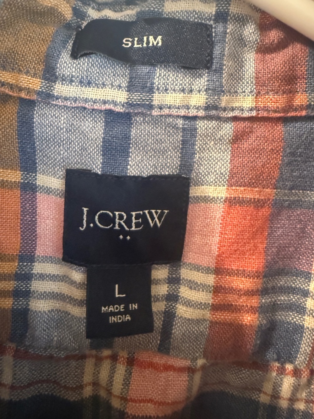 J Crew Shirt Mens L Pink Blue Madras Plaid Linen Blend Slim Fit Short Sleeve EUC